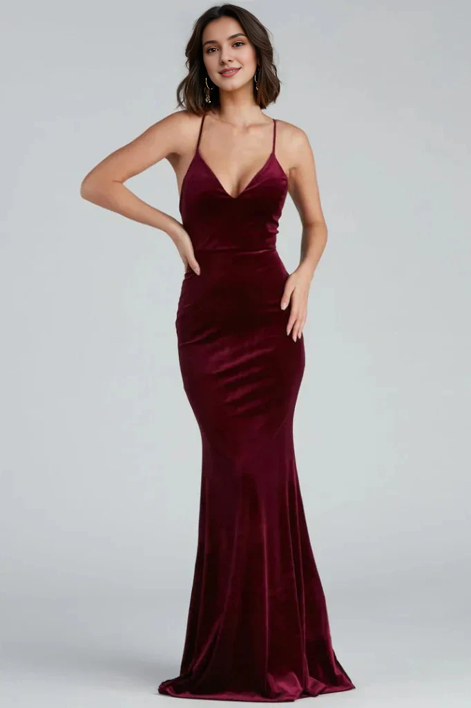 Ruffled Velvet Floor Length Mermaid V Neck Spaghetti Straps Evening Dress